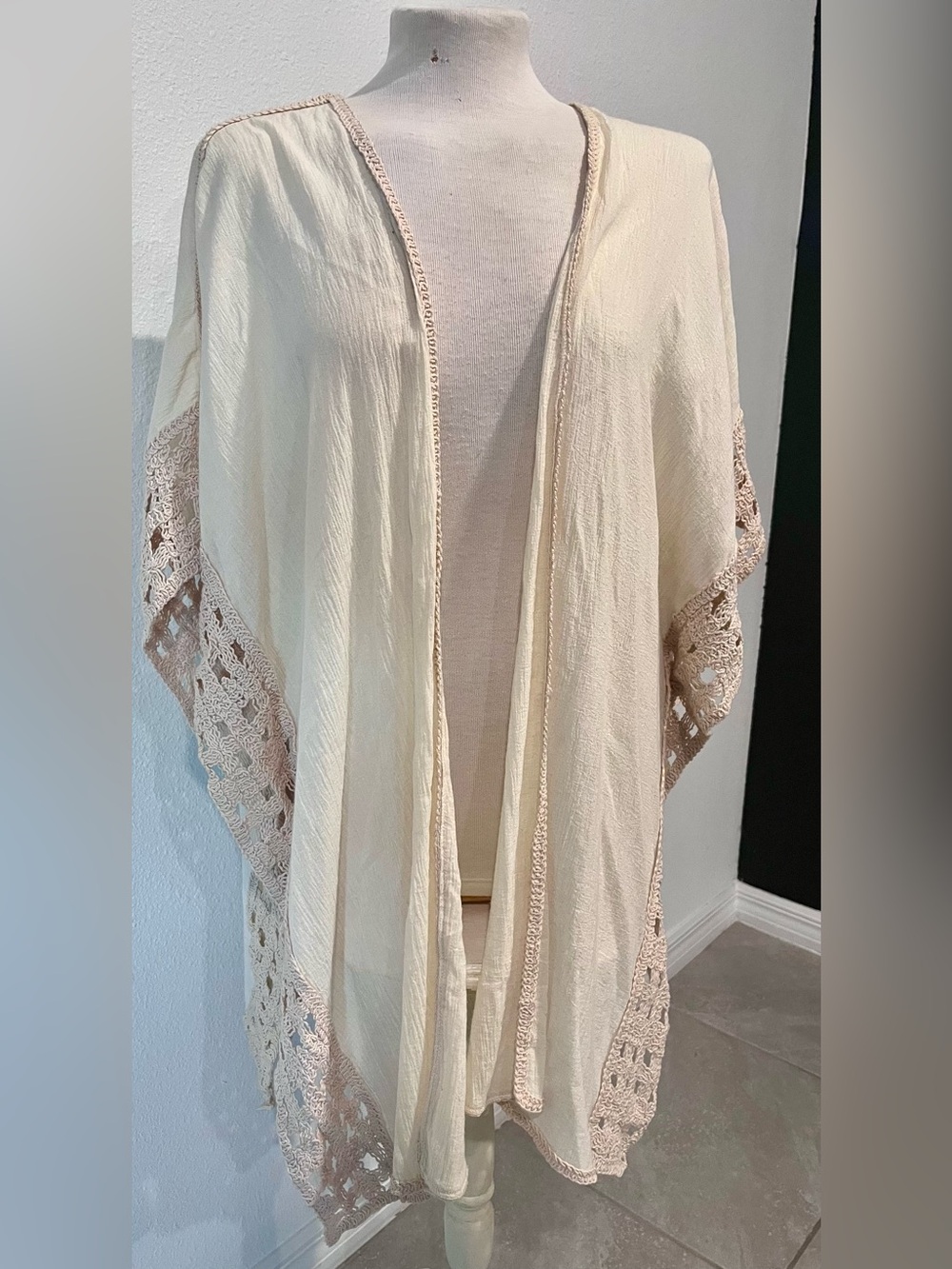 Krazy Kat Cream Boho Crochet-Edge Open Gauzy Long Cover Up/Cardigan